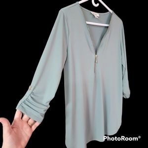 Zenena sage green zip-Up v-Neck quarter sleeve blouse